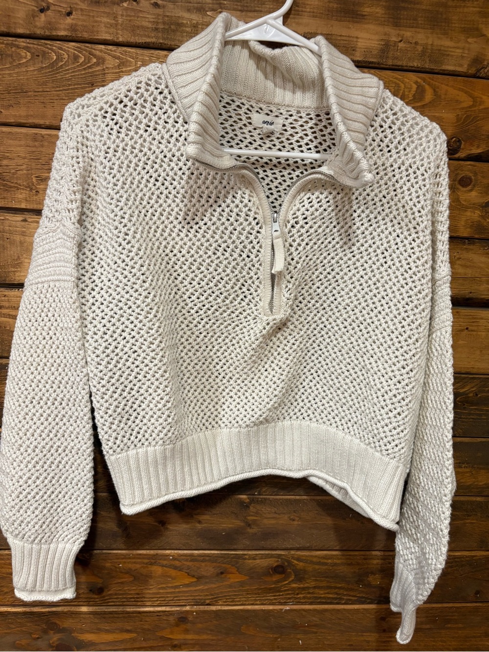 aerie Cream Open-Knit Half-Zip Coastal cropped Sweater size medium